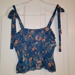 NATURAL LIFE Blue Floral Smocked Tie-Shoulder Cami